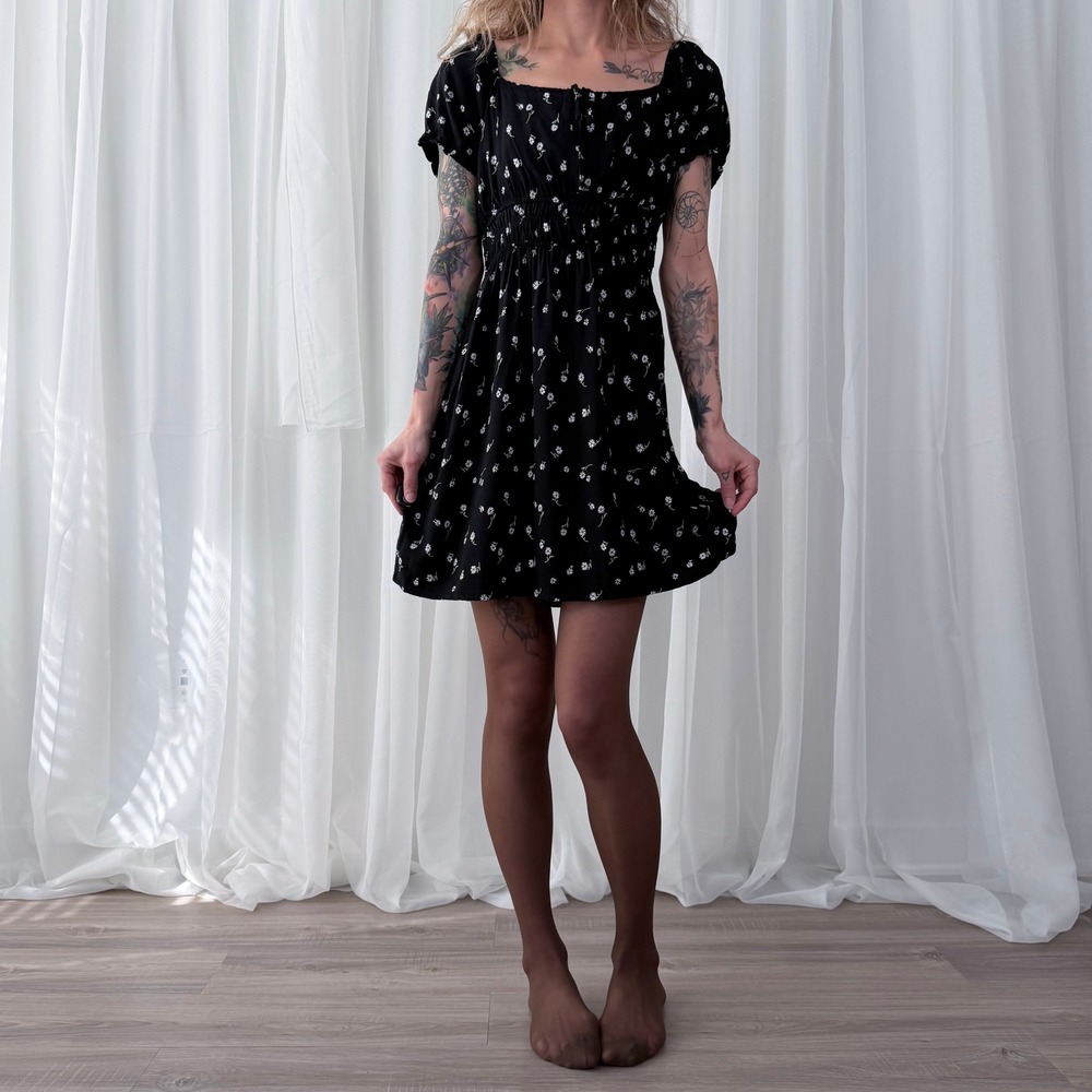 Passport Black Floral Babydoll Mini Dress Boho Small - Picture 4 of 6